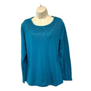 Pleasant Shade Womens Long Sleeve Top Size Medium Embellished Blue